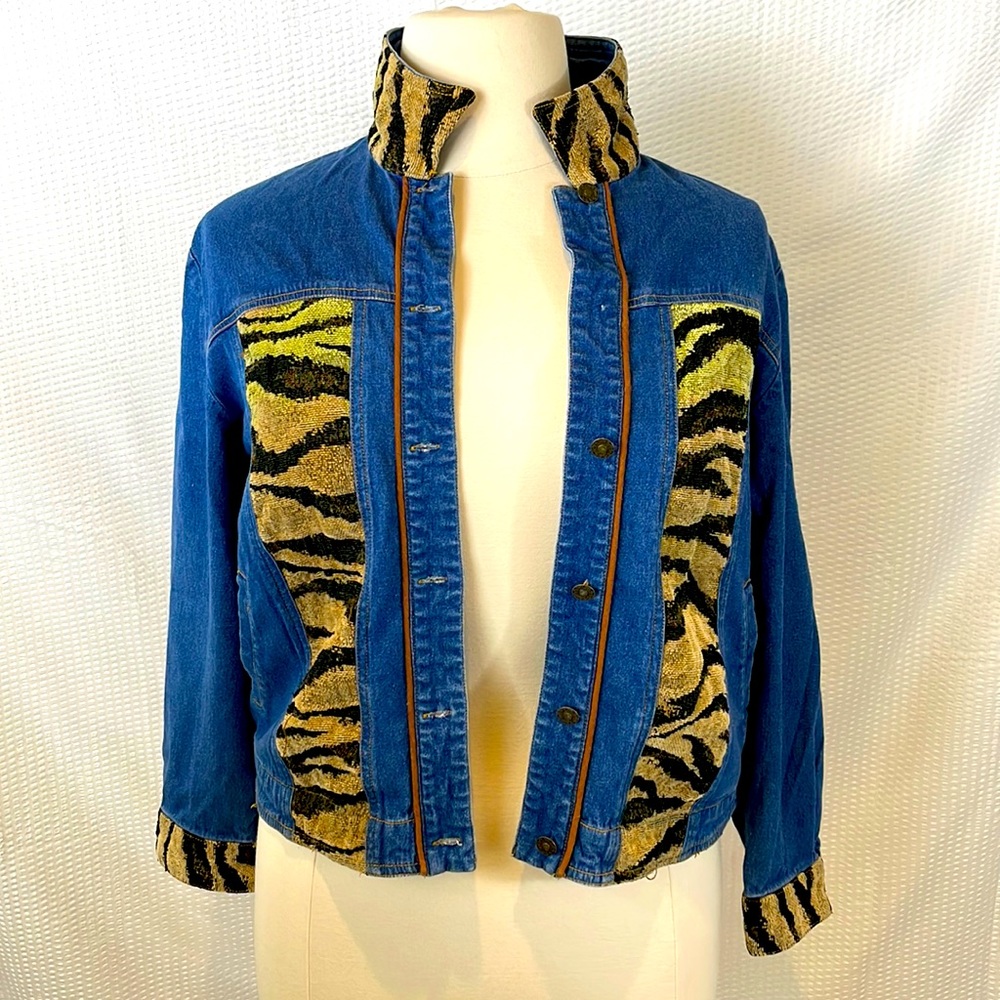 Vintage Erin London Stretch Denim Animal Print Jacket Size L